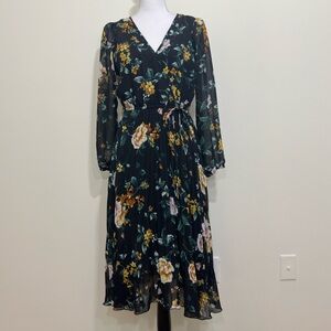 Indigo Rose | Woman BIack Chiffon Floral A-Line Pleated Flowy Lined Maxi